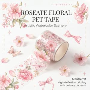 TEMU 1롤 핑크 플로럴 투명 PET 테이프, 수채화 꽃, 리본, 나비 장식 와시 테이프, 2M 플로럴 스티커 테이프 (저널링, 스크랩북, 플래너 공예용)