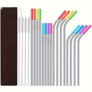 TEMU 304 스테인리스 스틸 37pcs 스트로 세트 (직선 & 구부러진 튜브, 식품용 실리콘 팁 포함) + 청소 브러시 및 보관 파우치 | 식기세척기 안전 내구성 음료 빨대