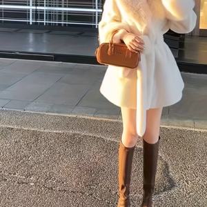 TEMU 패션 모조 코트 퍼칼라 레이스업 미디엄 기장 벨트 코트 여성용 가을 겨울 디자인 보온 상의