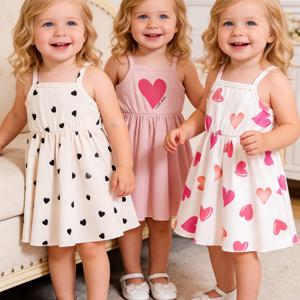TEMU 3pcs 아기 여아용 캐미솔 패션 하트 프린트 캐주얼 드레스 세트