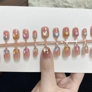 TEMU 스위트 여름 발랄한 5색 그라데이션 고양이 눈 프렌치 고급 매니큐어, 짧은 둥근 모양과 긴 타원형 네일 모양으로 제공, 오렌지, 블루, 옐로우, 핑크, 그린 5색 발랄한 고양이 눈 프렌치 매니큐어, 탈부착 및 재사용 가능