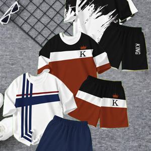 TEMU 6pcs 세트, 아동 패션 반바지 세트, 트렌디하고 캐주얼한 크리에이티브 컬러 블록 스플라이싱 및 레터 프린팅 패턴, 봄/가을/여름 반팔 티셔츠 및 루즈핏 반바지 세트, 남아 패션 야외 레저 세트, 야외 활동용, 십대용