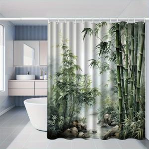 TEMU 1pcs 대나무 무늬 프린트 욕실 커튼, 고급스럽고 편리한 설치의 홈 데코레이션용 욕실 커튼, 12개 후크 포함 폴리에스터 원단 욕조 커튼, 욕실 분할기, 방 장식용, 세탁 가능 창문 커튼