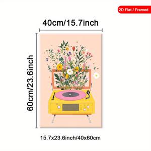 TEMU 2D 평면 액자형 물 반사 벽 장식 - 빈티지 턴테이블 & 플로럴 디자인, 생동감 넘치는 컬러 캔버스 프린트, 러스틱 팜하우스 아르데코 스타일, 거실/침실/사무실용 실내외 인테리어 소품, 홈 , 화려한 디자인, 고품질 프린트, 1개 세트, 고급 인테리어 소품, 2D 평면