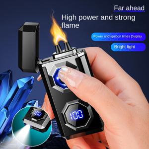 TEMU 460mAh 빅 플레임 고출력 듀얼 아크 방풍 전자 메탈 USB 충전식 배터리 디스플레이 전기 플라즈마 라이터 LED 강력한 조명 손전등 남녀 선물 야외 하이킹 생존 도구, 배터리 포함