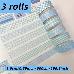 TEMU 스타일 블루 폴카 도트 크리에이티브 와시 테이프, 체크무늬 와시 테이프, DIY 포장 및 저널링 테이프 3개 세트