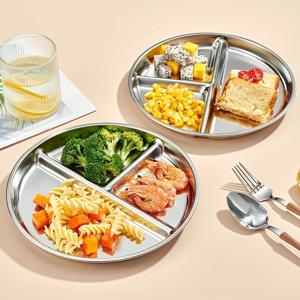 TEMU 2개 원형 분할 접시 - 스테인리스 스틸 파티션 플레이트 - 전자레인지 사용 가능, 샐러드, 과일, 간식을 위한 다중 구획 트레이 - 체중 감량 및 요리에 완벽, 선물용 최고의 선택