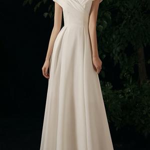 TEMU 하이엔드 화이트 브이넥 쇼트 슬리브 이브닝 가운, 허리 조임, 플레어 밑단, 우아한 롱 A라인 웨딩드레스