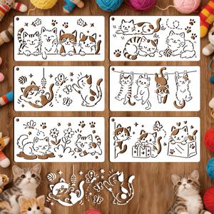 TEMU 6개 만화 고양이 놀이 그림 템플릿 세트, 재사용 가능한 PET 플라스틱 고양이 드로잉 템플릿, 다양한 새끼 고양이 및 발자국 디자인 특징, 천, 다이어리, 티셔츠, 베갯잇, 토트백 및 공예 장식에 적합