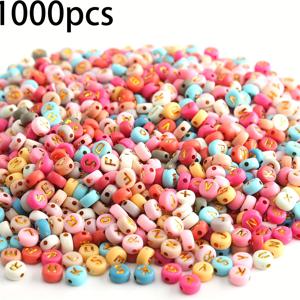 TEMU 1000개 아크릴 소형 레터 비즈, 원형 레터 비즈, 금색 알파벳이 있는 컬러 아크릴, 주얼리 제작 레터 비즈 (컬러 골든(핑크))