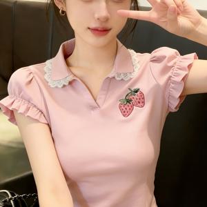 여성 딸기 자수 레이스 카라 반팔 티셔츠 폴로셔츠 프릴 퍼프소매 슬림핏 러블리 하이틴 빈티지 데이트룩 핑크 상의