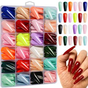 TEMU 576pcs Glossy Press-On Nails, Medium-Length Trapezoidal Shape, 24-Color Grid, Removable False Nails