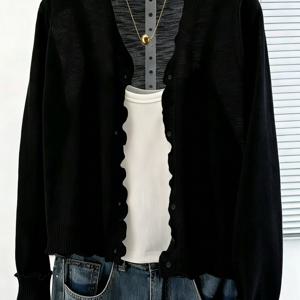TEMU 스프링 여름 신상 레이스 트림 V넥 숏 가디건, 부드러운 스타일, 얇은 자외선 차단 아우터, 우아한 패션, 출퇴근용, 다용도 에어컨 셔츠 [ASD1]