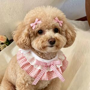 TEMU 조절식 펫 목걸이와 리본 머리핀 3종 세트, 강아지, 새끼 고양이, 소형견, 고양이용, 생일 파티를 위한 핑크색 의상