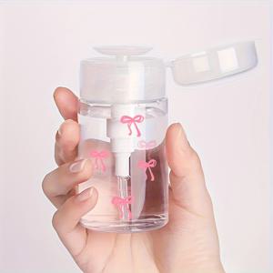 TEMU 1개, 귀여운 리본 프린트 패턴 투명 PET 재충전 가능한 여행용 병, 100ml/200ml 휴대용 펌프 디스펜서 포함, 네일 폴리시 제거제, 토너 및 메이크업 리무버에 적합, 라운드 탑 디자인, 손세탁 전용, 재사용 가능, 메이크업 리무버 물병