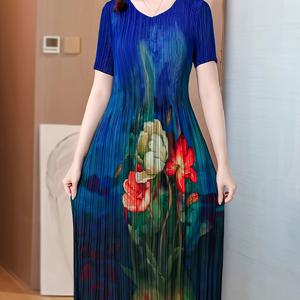TEMU 2025 여름 신상 고급스러운 기질의 프린트 주름 쉬폰 원피스, 허리 조임, 복부 보정, 나이 감추는 효과, 스커트