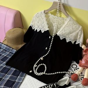 플러스 사이즈, 고급 세미 홀로우 레이스 탑, 휴가용 우아한 패션 진주 버튼 V넥 스플라이스 반팔 플러스 사이즈 가디건