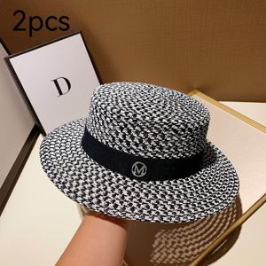 TEMU 여성용 여름 흑백 체크무늬 밀짚모자 2개 세트, 레터링 라인석 체크무늬 토퍼가 달린 프렌치 스타일 빈티지 얇고 통기성 좋은 파나마모자