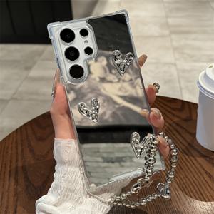 TEMU 휴대폰 케이스 - 세련된 3D 하트 모양 메이크업 거울 휴대폰 케이스, 리본 매듭 비즈 체인 포함 (갤럭시 S25, S24 플러스, S23, S22 울트라, A55 호환) - 고급스러운 충격 방지 소프트 백 커버, 코너 보호 기능