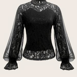 TEMU 여성 레이스 패치워크 메쉬 스탠드 칼라 랜턴 슬리브 블라우스, 봄/여름/가을 스타일, 이브닝 데이트, 캐주얼 외출에 적합 [NS702]