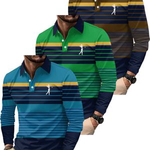 TEMU 남성용 긴팔 폴로 셔츠 3개 세트, 회색-흰색과 초록색 디자인과 기하학 패턴이 결합된 캐주얼 디지털 프린트 골프 셔츠, 스포티한 스타일, 남성용 긴팔 상의