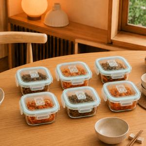 TEMU 6개반찬통 유리 밀폐용기 락앤락 밀폐용기 스타일 4면 잠금 뚜껑 내열유리 냉장고 정리 김치 보관 샐러드 과일 소분용 밀폐용기