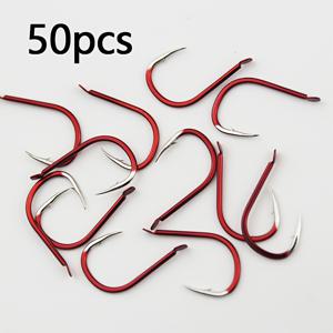 TEMU 50개 레드 데몬 투스 이세아마 탄소강 바브드 낚시바늘 - 헤비듀티 단조 플랫 훅, 호수/저수지에서 야생 잉어(붕어/초어) 낚시용 바브 - 낚시바늘