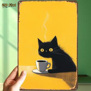 TEMU 2D 평면 빈티지 검은 고양이 커피 벽 장식 - 실내, 카페, 욕실 및 정원 장식용 나무 걸이형 간판, 사전 드릴 구멍 포함, 레트로 검은 고양이 아트 프린트, 욕실, 주방, 크리스마스 선물용, 2D 평면