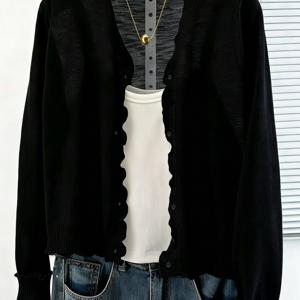 TEMU 스프링 여름 신상 레이스 트림 V넥 숏 가디건, 부드러운 스타일, 얇은 자외선 차단 아우터, 우아한 패션, 출퇴근용, 다용도 에어컨 셔츠 [ASD1]