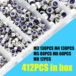 TEMU 412피스 스테인리스 스틸 미터법 락넛 키트 나일론 인서트 육각형 락넛 (M3/M4/M5/M6/M8) 와셔용 | 광택 마감, 우수한 내식성, 진동 충격이 심한 환경에서의 볼트 풀림 방지