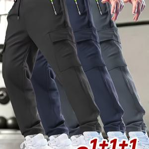 TEMU 남성용 캐주얼 아슬레틱 카고 팬츠 3pcs, 드로스트링 허리, 프린트 지퍼 포켓, 카고 포켓, 봄/여름용 경량, 야외 러닝 및 트레이닝에 적합
