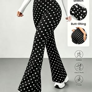 TEMU 여성용 하이웨이스트 복부 제어 약간의 플레어 트라우저, 복부 제어 레깅스 블랙 앤 화이트 물방울 프린트 스트레치 운동용 롱 팬츠, 데일리 포멀 행사용 올 시즌 하의, 캐주얼 여름 통기성 플레어 트라우저