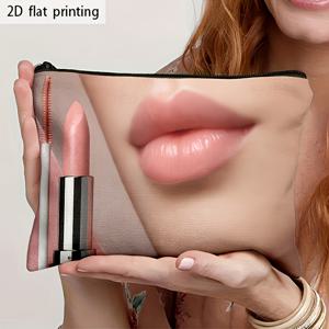 TEMU 부드러운 핑크 립스틱 디자인과 아이섀도우 및 립스틱 패턴이 특징인 2D 평면 프린트 텍스처 없는 메이크업 파우치, 지퍼 여행용 케이스 포함, 엄마와 여자친구를 위한 크리스마스 또는 새해 선물로 완벽, 2D 평면