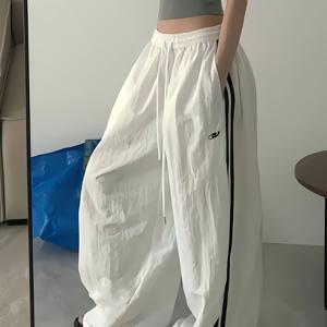 TEMU 여름 인터넷 유명인 스트리트 캐주얼 바지 여성용 아메리칸 레트로 트렌디 브랜드 더블 벨트 와이드 루즈 화이트