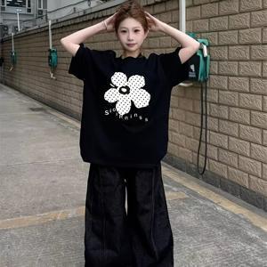 TEMU 블랙 반팔 티셔츠 여성 여름 루즈핏 패션 매력 플로럴 프린트 반팔 탑