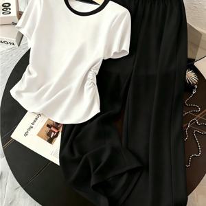 TEMU 봄/여름 통근복 편안한 투피스 여성용 라운드넥 컬러 블록 반팔 상하의 세트, 동일한 색상의 드레이프 와이드 레그 팬츠 데일리 캐주얼 슈트