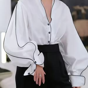 우아한 프렌치 레트로 컬러 블록 스탠드 칼라 오픈 프론트 랜턴 슬리브 셔츠 봄/여름 루즈핏 긴팔 탑, 레저, 사무실, 일상생활, 휴가 등에 적합 [ZLLZ]