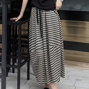 TEMU 블랙 앤 화이트 체크 패치워크 하프 스커트 여성용 루즈 레티스 꽃잎 스커트