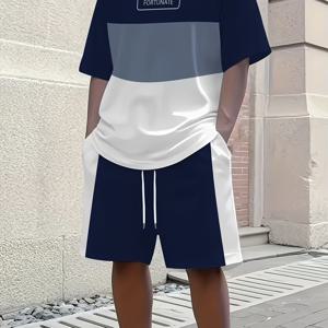 TEMU 1세트 2개입: 3D 레터 프린트 패셔너블 쓰리톤 남성용 여름 신선한 티셔츠와 반바지 세트, 약간 신축성 있는 폴리에스터 니트 원단, 반바지, 경량, 여름 캐주얼 데이, 야외 활동, 가족 모임에 적합