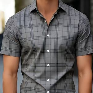TEMU 남성용 멀티컬러 체크 셔츠, 그레이/스틸 그레이, 블루/베리 컬러, 안개 그린 슬림핏 반팔 레트로 체크 셔츠