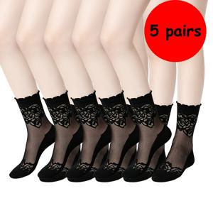 TEMU 검은색 양말 5켤레, 미드 카프 양말, 레이스 유리 양말, 만화 양말