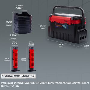 TEMU FISHINGFANS 내구성 있는 ABS 6L/12L 이중 레이어 낚시 태클 박스 세트, 컵홀더 1개 및 낚싯대 홀더 2개 포함, 고품질 휴대용 낚시용품 보관함, 루어 박스