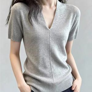 TEMU 여성용 캐주얼 한국 스타일 브이넥 스웨터, 라이트 그레이 드롭 숄더 반팔 티셔츠
