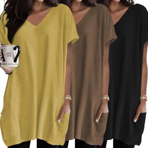 여성 패션 탑 3pcs 세트, 캐주얼 루즈핏 포켓 기본 스타일 여성 블라우스, 우아하고 편안한 반팔 V넥 긴 티셔츠