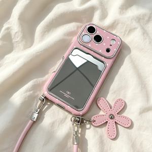 TEMU 휴대폰 케이스 - 핑크 별 프린트 휴대폰 케이스, 거울 카드 홀더 꽃 장식, 귀여운 미적 감각 충격 방지 커버 (아이폰 17/16/15/14/13 Pro Max)