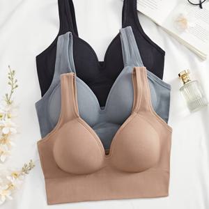 3종 세트 단색 여성용 고정컵 심플하고 우아한 심리스 브라, 와이어프리, 와이드 숄더 패드, 일체형 컵, 브라, 스포츠 브라, 란제리