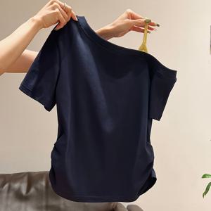 TEMU 여성 원 숄더 오프 반팔 티셔츠 단색 사이드 셔링 슬림핏 곡선 밑단 캐주얼 기본 여름 Y2K 트렌디 크롭 티 데일리 스트리트웨어 탑