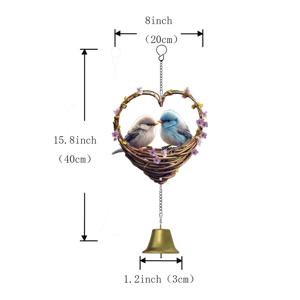 TEMU 하트 모양 새 풍경 벨 - 메탈 풍경 야외/걸이 장식, 새 테마 정원 장식 (벨 포함), 철제 안뜰 현관 장식, 크리스마스 및 사계절 선물 (8인치 × 15.8인치) - 편안한 풍경