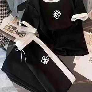 TEMU 새로운 여성용 컬러 블록 반팔 상의와 바지 2피스 수트, 가볍고 통기성 좋으며 편안함