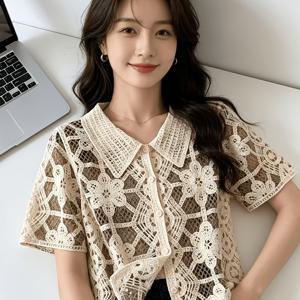 TEMU 여성용 오픈워크 크로셰 폴로 카라 가디건, 반팔, 루즈핏, 활용도 높은 상의